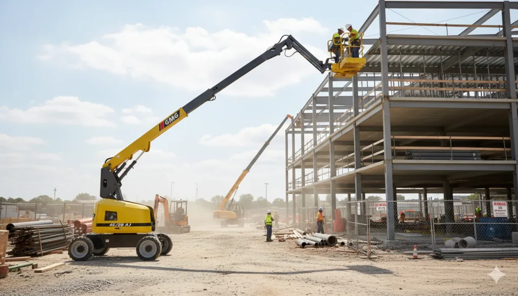 135' articulating boom lift, Diesel_DF, construction site